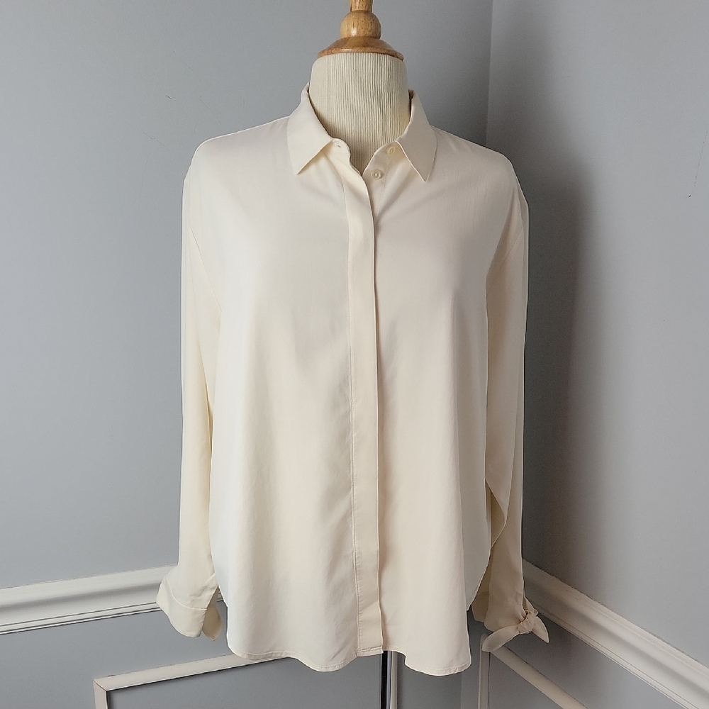 EVERLANE Cream 100% Silk Capsule Button Up Tie‎ Cuff Office Casual Blouse Top 16